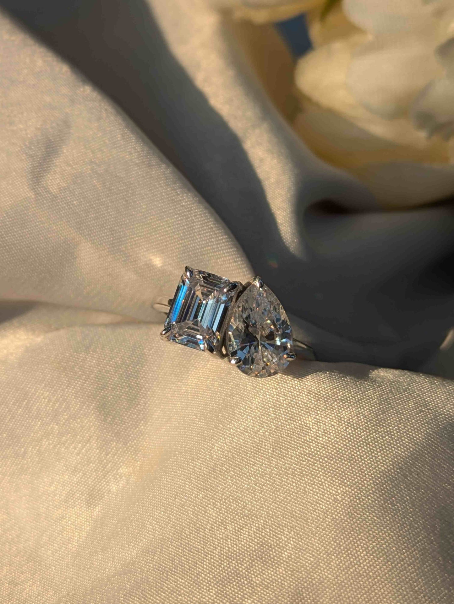 Pear & Cushion Toi Et Moi Solitaire Silver Ring